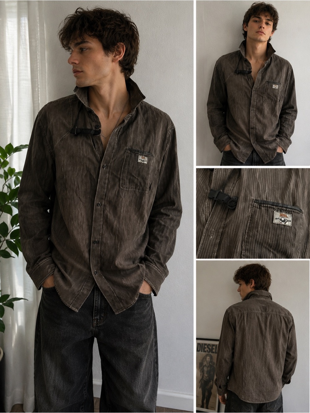 Vintage Men’s Diesel Y2K Brown Striped Utility Button Up Shirt XXL